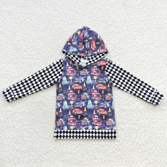 BT0253 Cartoon Car Checkered Print Boys Hoodie Top