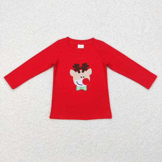 BT0257 Deer Embroidery Red Cotton Boys Christmas Tee Shirts Top