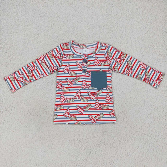 BT0325 Debbie Cake Stripes Print Boys Christmas Pocket Tee Shirts Top
