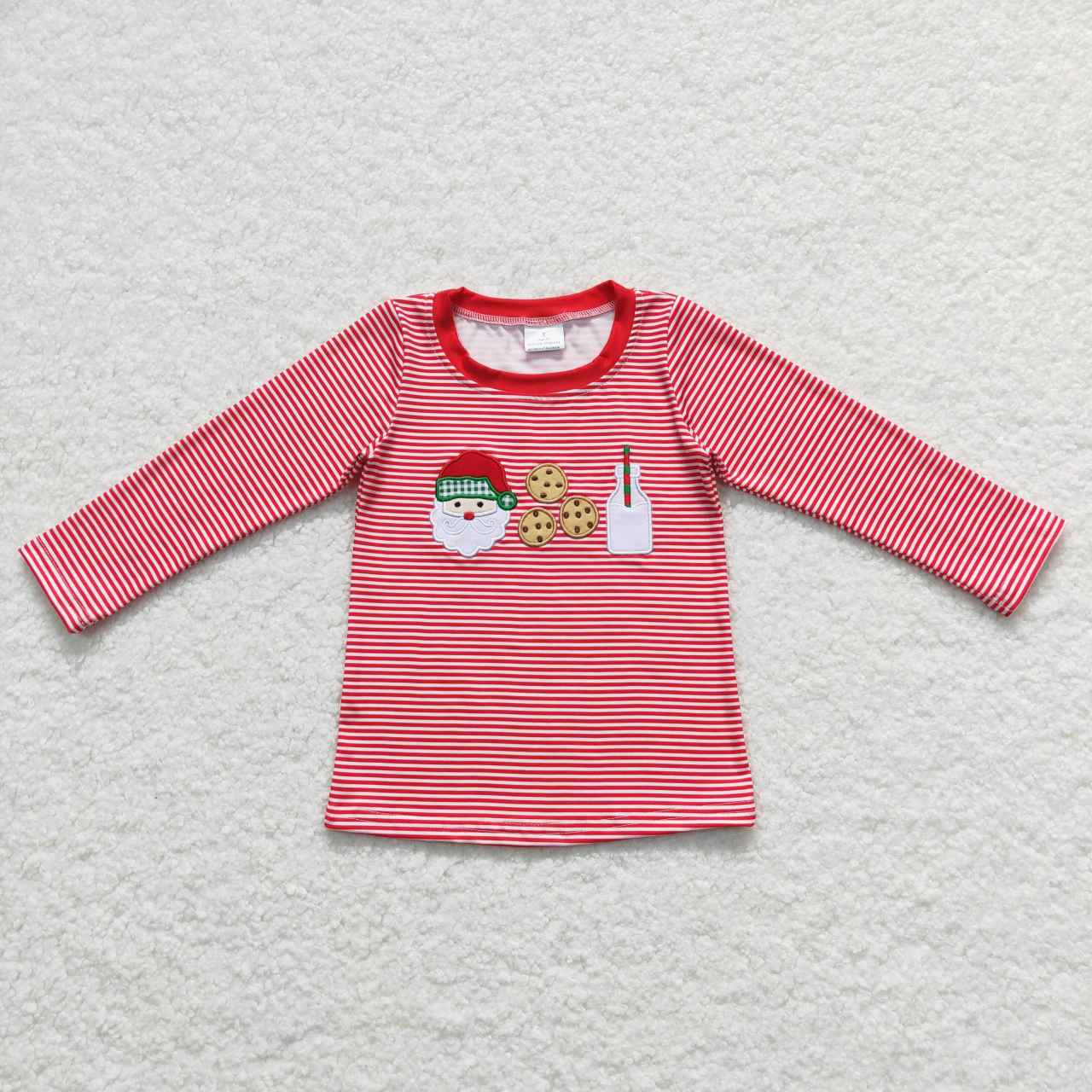 BT0370 Santa Cookies Milk Embroidery Red Stripes Boys Christmas Tee Shirts Top