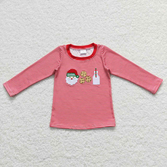 BT0370 Santa Cookies Milk Embroidery Red Stripes Boys Christmas Tee Shirts Top