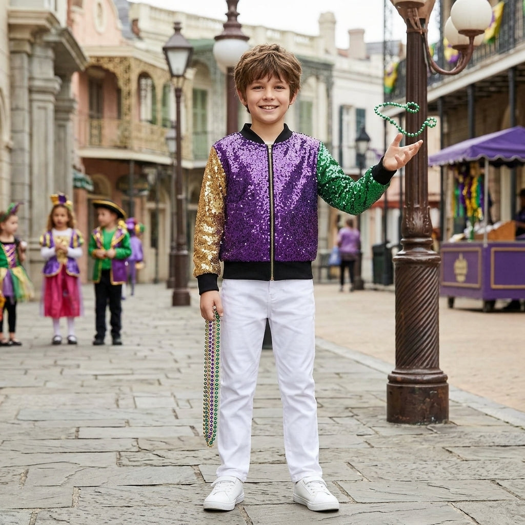 BT0451 Purple Long Sleeve Sequins Girls Kids Mardi Gras Jackets Top