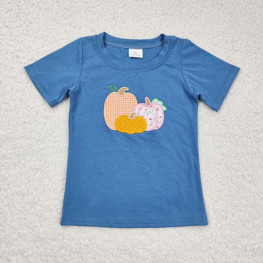 BT0675 Pumpkin Embroidery Blue Cotton Girls Fall Short Sleeve Tee Shirts Top