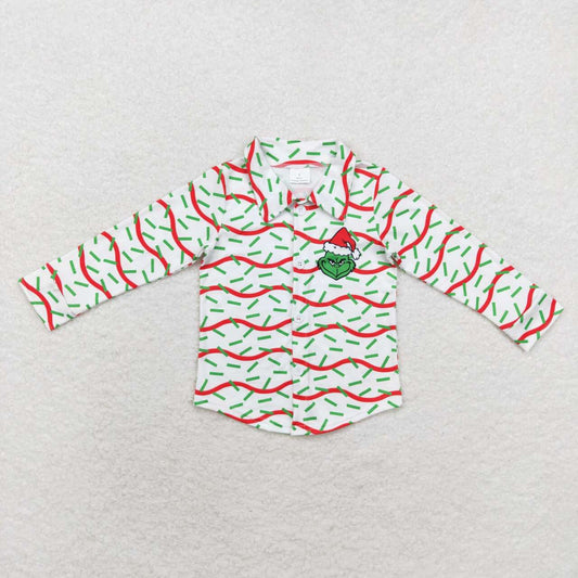 BT0769 Green Frog Sprinkles Print Boys Christmas Buttons Tee Shirts Top