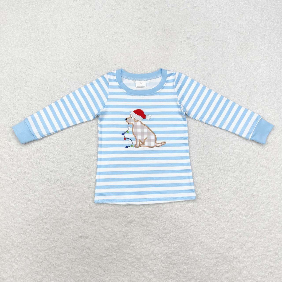 BT0791 Dog Lights Embroidery Blue Stripes Boys Christmas Tee Shirts Top