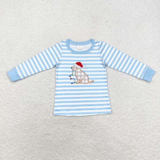 BT0791 Dog Lights Embroidery Blue Stripes Boys Christmas Tee Shirts Top