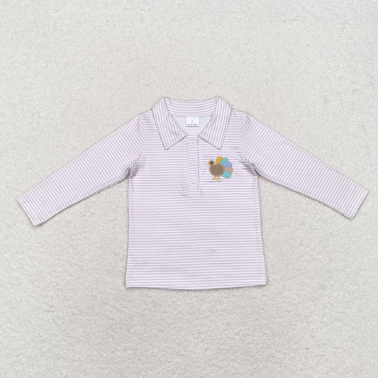 BT0807 Turkey Embroidery Stripes Boys Thanksgiving Polo Tee Shirts Top