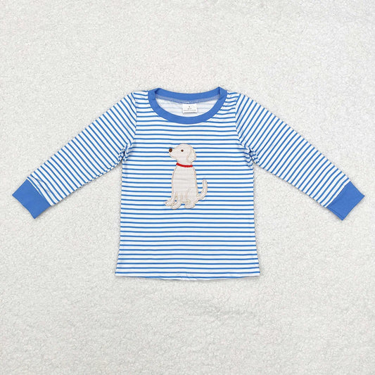 Sibling Baby Girls Boys  Embroider Puppy Blue Striped Top Dress Romper