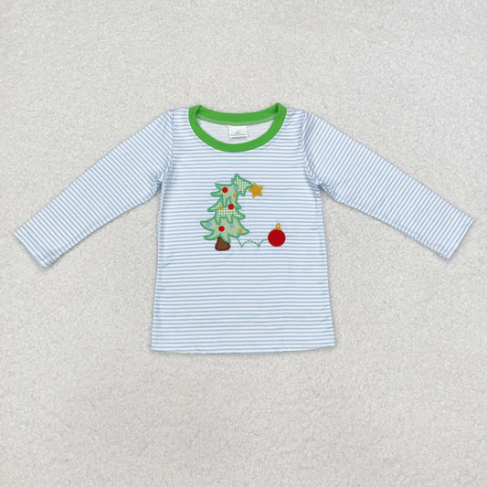 BT0809 Tree Embroidery Blue Stripes Boys Christmas Tee Shirts Top