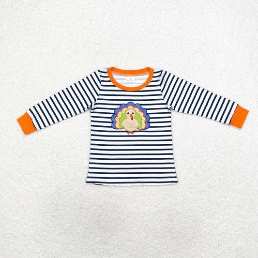 BT0818 Turkey Embroidery Stripes Boys Thanksgiving Tee Shirts Top