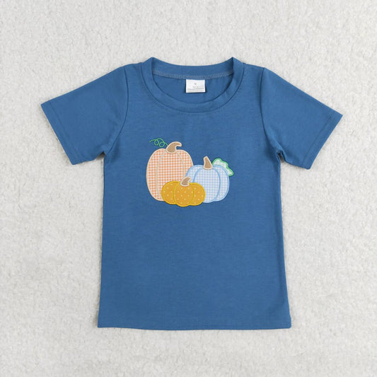 BT0824 Pumpkin Embroidery Blue Cotton Boys Fall Short Sleeve Tee Shirts Top