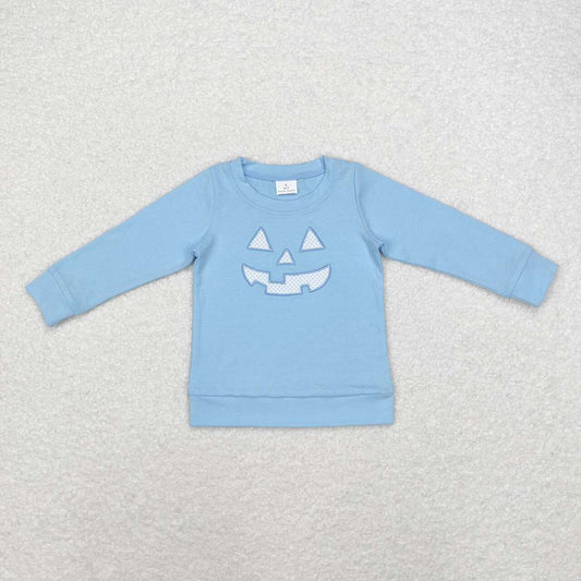 BT0832 Smiling Face Embroidery Blue Cotton Boys Halloween Tee Shirts Top