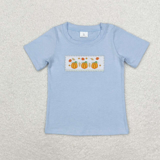 BT0833 Pumpkin Embroidery Blue Cotton Boys Fall Short Sleeve Tee Shirts Top