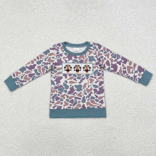 BT0863 Turkey Embroidery Camo Boys Thanksgiving Tee Shirts Top