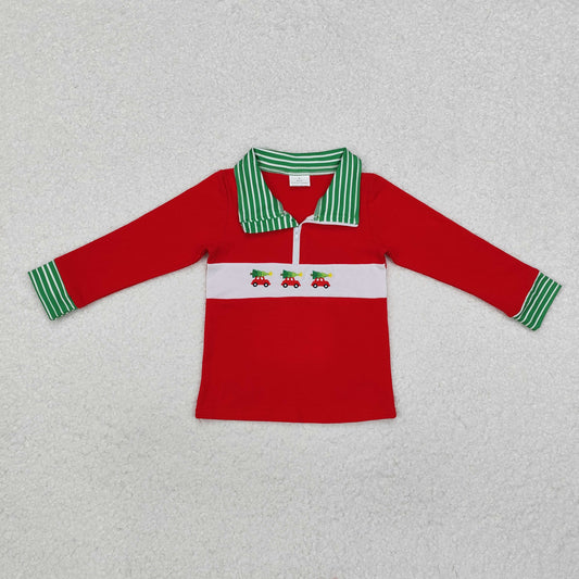 BT0930 Tree Car Embroidery Green Stripes Print Boys Christmas Zipper Pullovers Top
