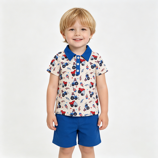 Toddler Boy 4th of July Construction Trucks Print Polo Shirt, Kids Patriotic Summer Top