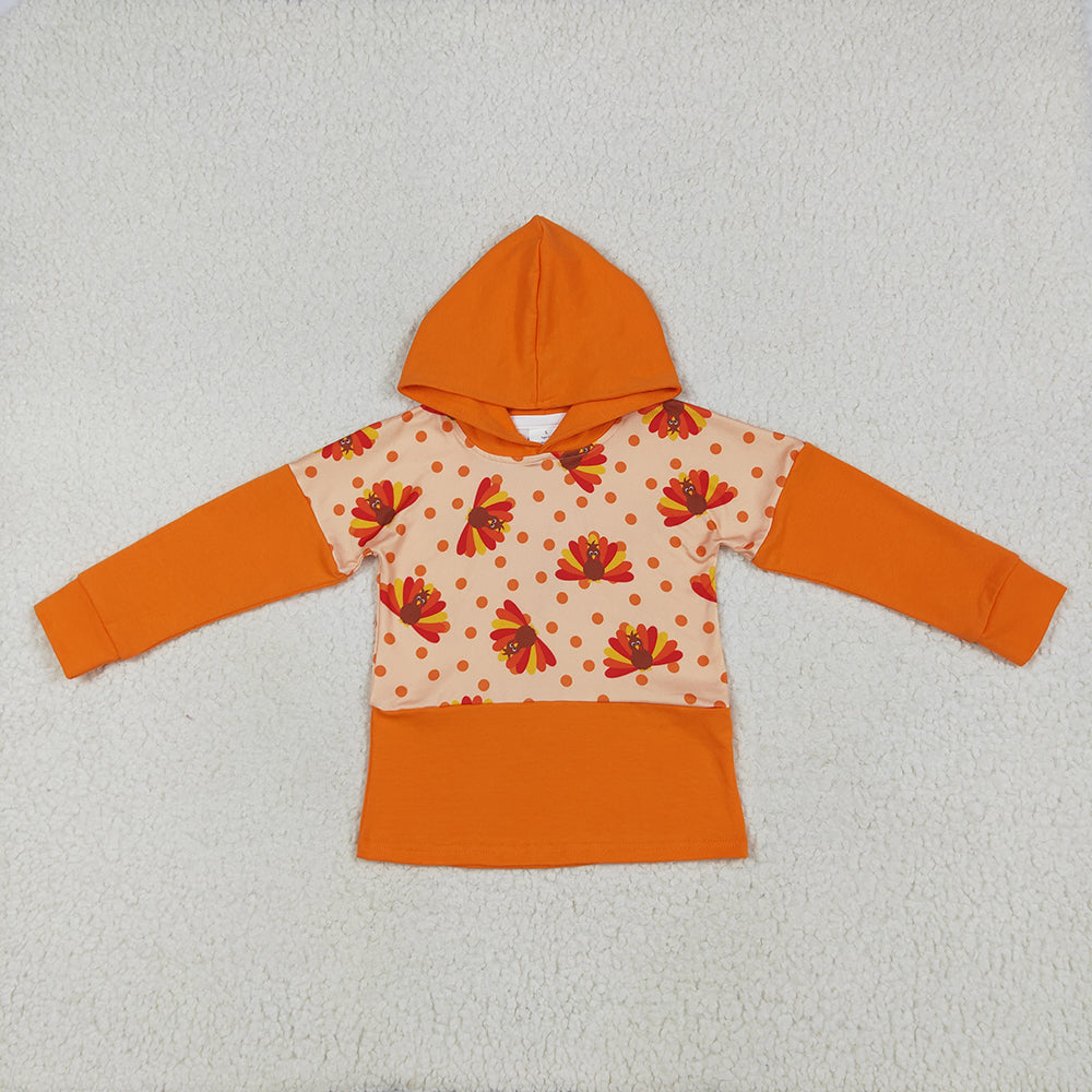 BT1247 Turkey Dots Orange Print Boys Thanksgiving Hoodie Top