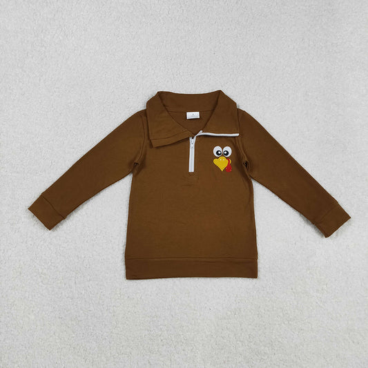 BT1265 Turkey Embroidery Brown Cotton Boys Thanksgiving Zipper Pullover Top