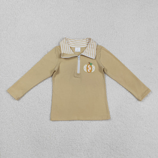 BT1293 Pumpkin Embroidery Khaki Boys Fall Zipper Pullover Top