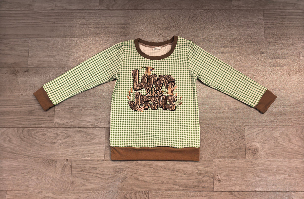 BT1320 Preorder LOVE LIKE JESUS Duck Checkered Print Kids Tee Shirts Top