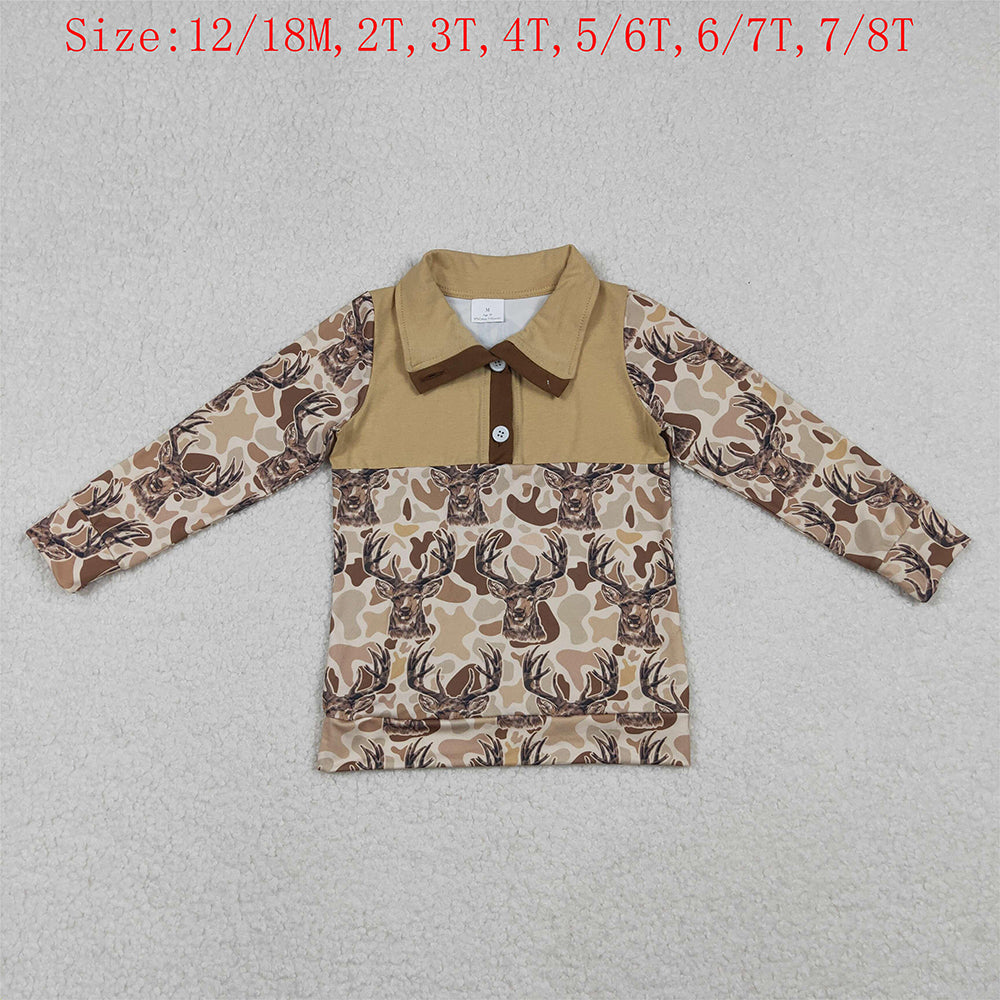 BT1338 Deer Camo Print Boys Long Sleeve Zipper Pullovers Top