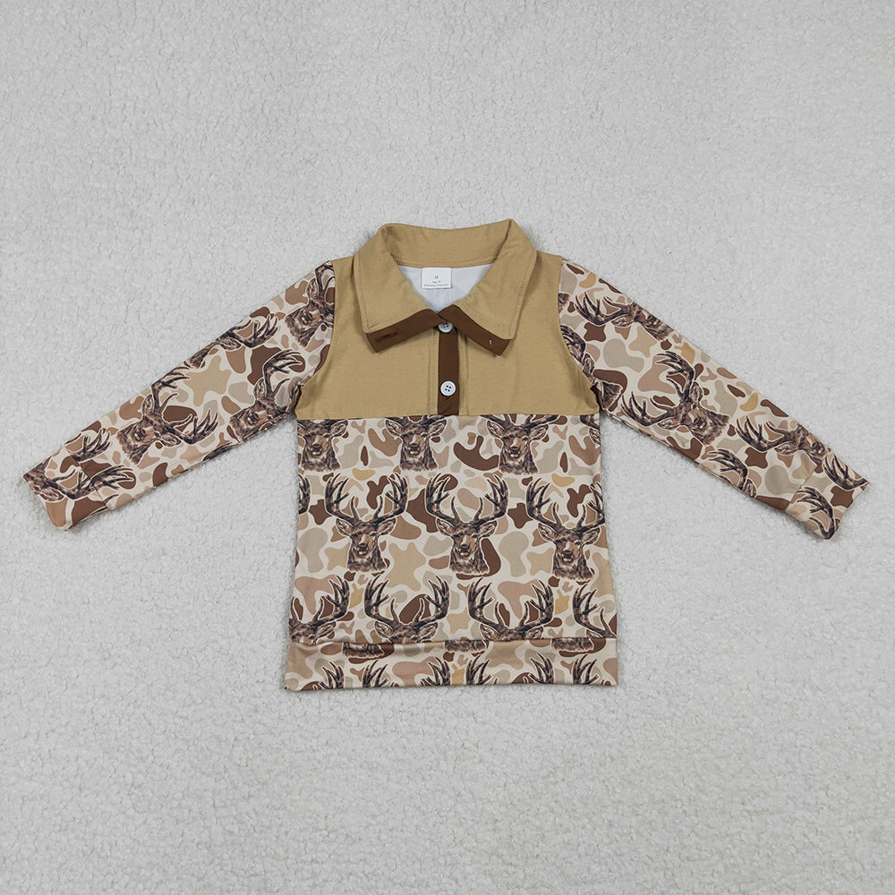 BT1338 Deer Camo Print Boys Long Sleeve Zipper Pullovers Top