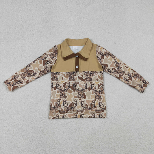 BT1338 Deer Camo Print Boys Long Sleeve Zipper Pullovers Top