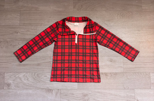BT1350 Preorder Red Checkered Print Boys Christmas Zipper Pullover Top