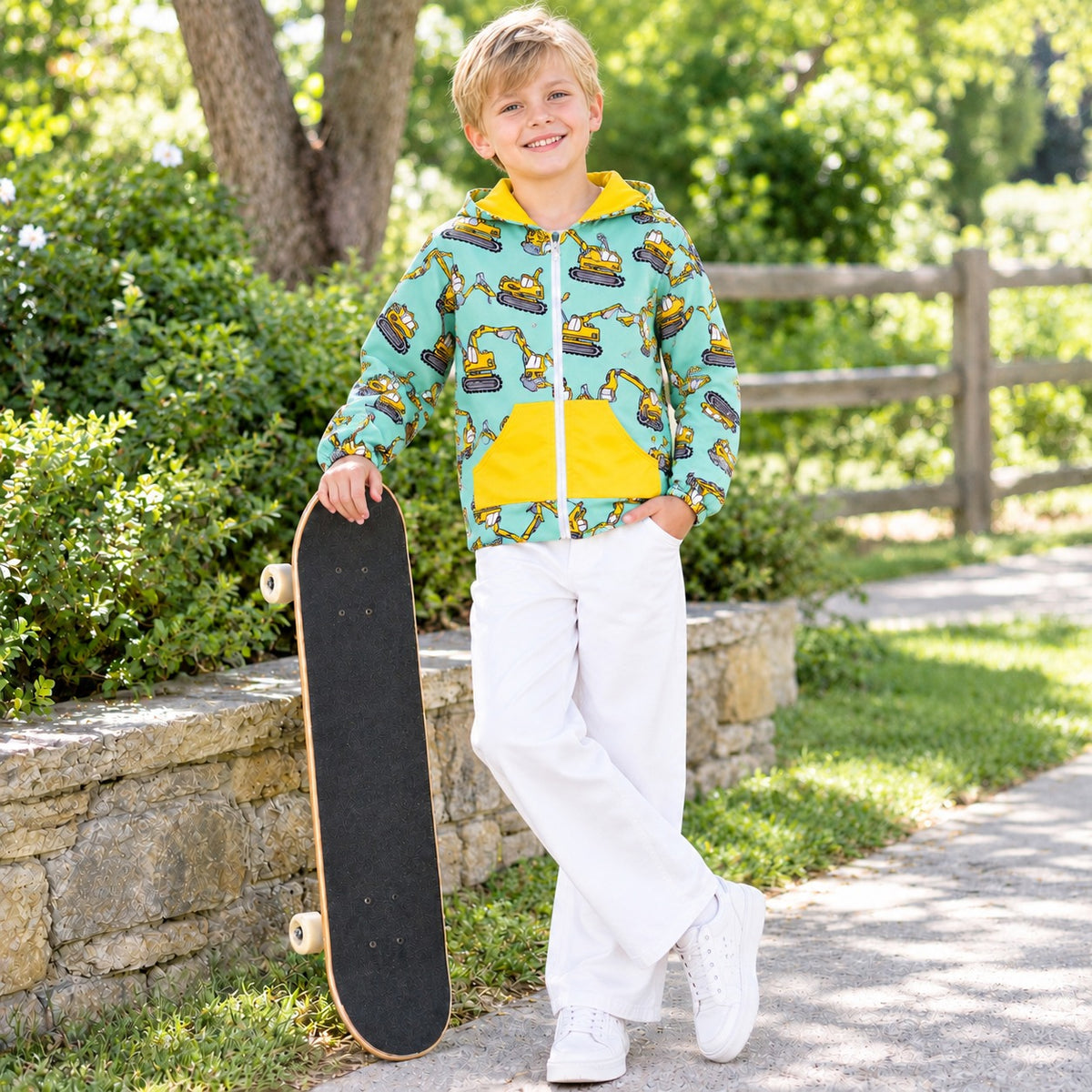 BT1378 Construction Print Boys Zipper Pockets Jackets Hoodie Top