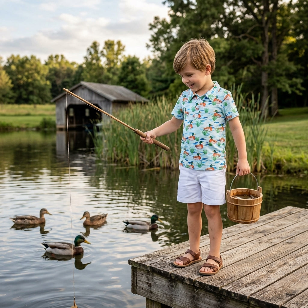 BT1381 Duck Print Boys Short Sleeve Polo Top