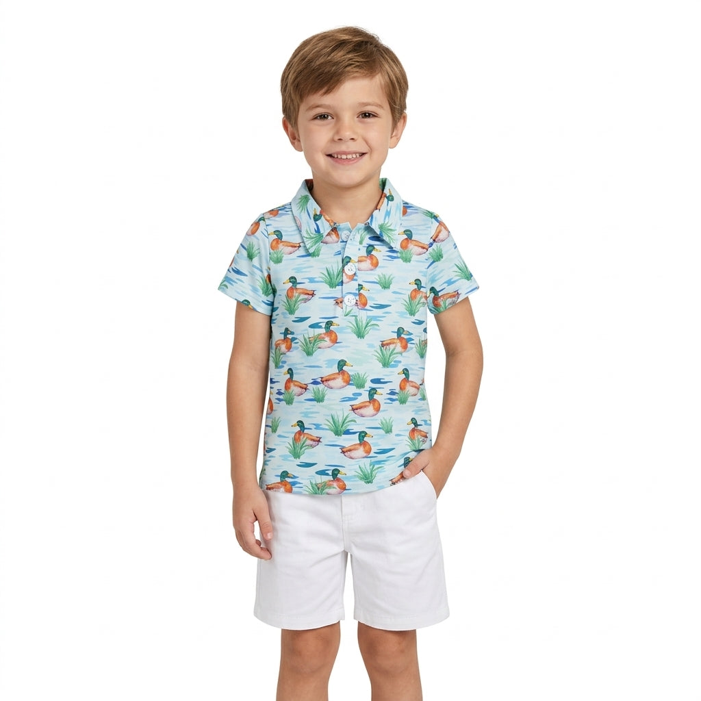 BT1381 Duck Print Boys Short Sleeve Polo Top