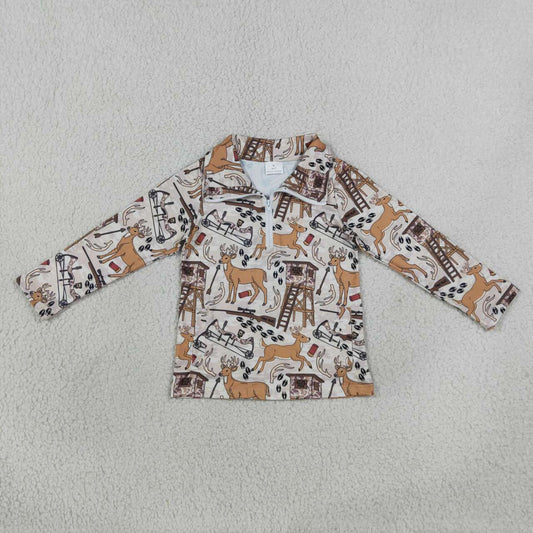 BT1397 Deer Hunting Print Boys Pockets Zipper Pullover Top