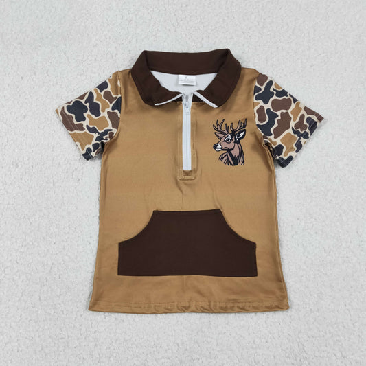 Sibling Baby Boys Short Sleeve Southern Camo Zipper Pockets Deer Dogs Hunting Pullovers Top