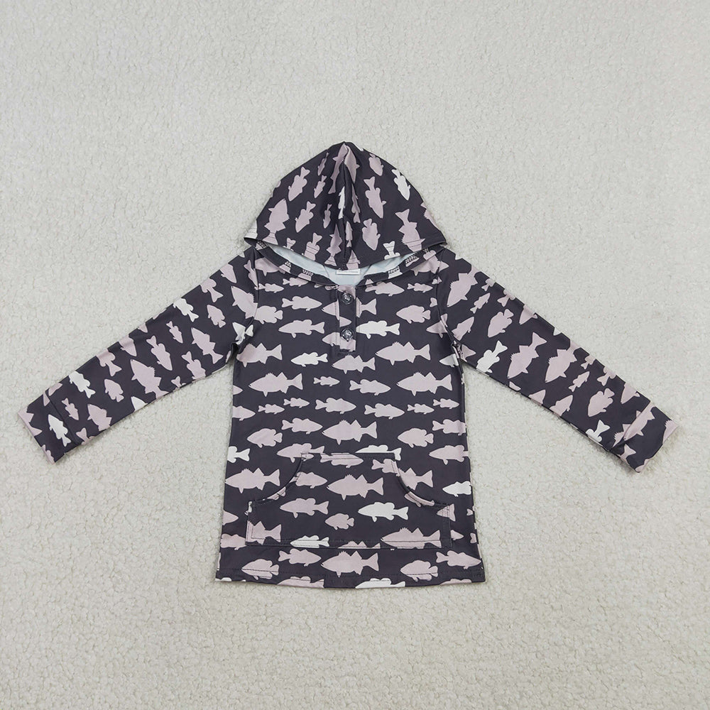 BT1545 Boys’ Fish Print Hooded Button-Long Sleeve Top