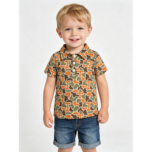 Teams Tennessee Camo Print Boys Short Sleeve Button Polo Tee Shirts Top
