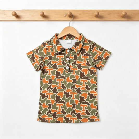 Teams Tennessee Camo Print Boys Short Sleeve Button Polo Tee Shirts Top