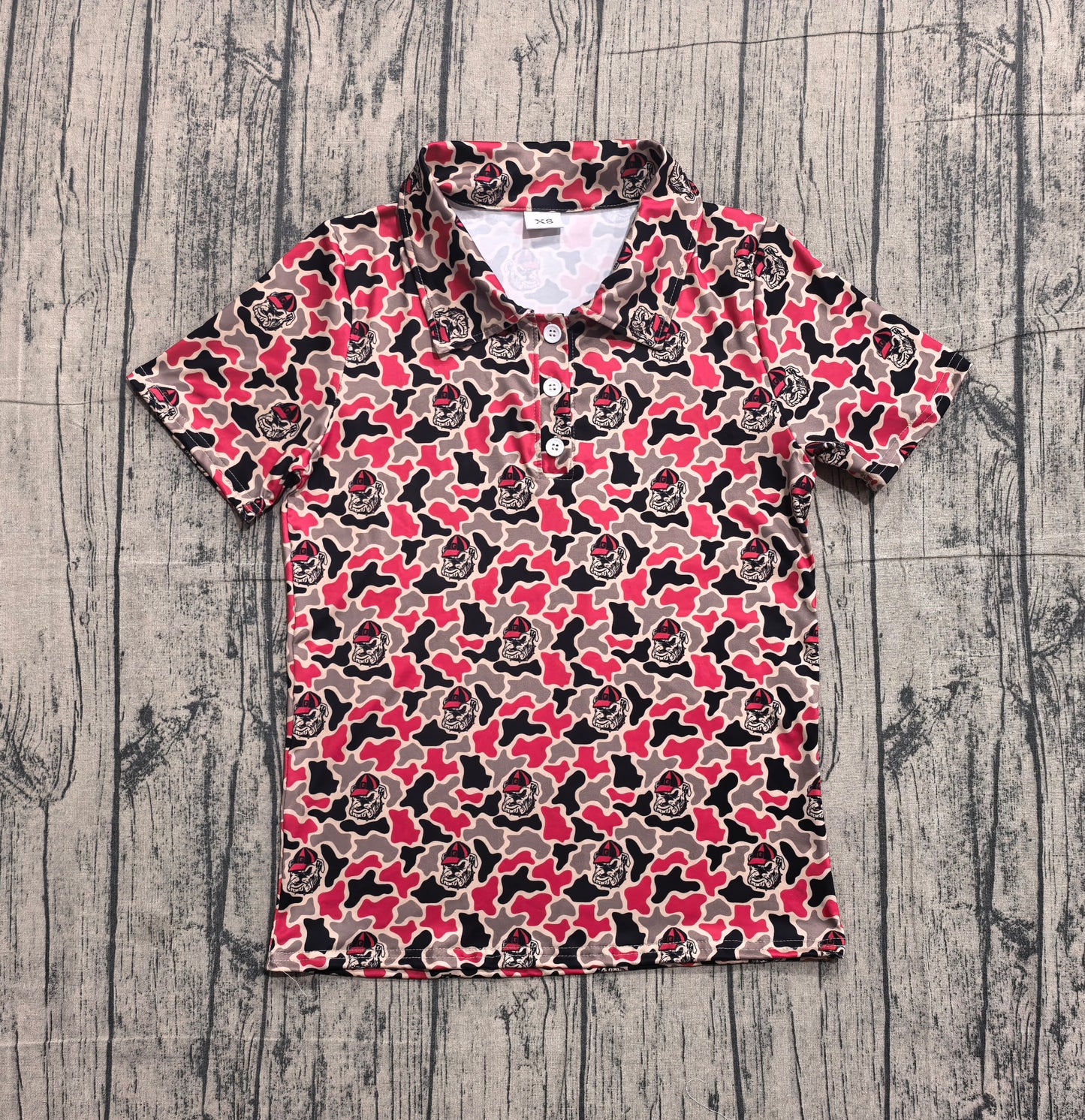BT1718 Preorder Men’s Team Bulldog Gray & Red Camo Button Neck Short Sleeve Shirt