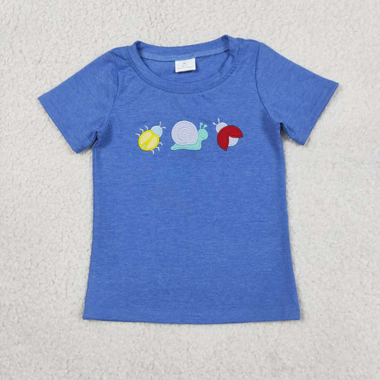 BT1725 Ladybirds Snails Embroidery Baby Boys Blue Short Sleeve Tee Shirts Top