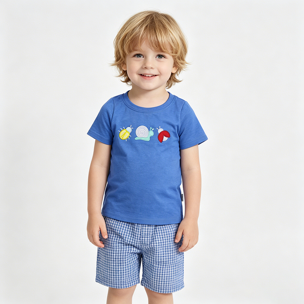 BT1725 Ladybirds Snails Embroidery Baby Boys Blue Short Sleeve Tee Shirts Top