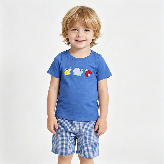 BT1725 Ladybirds Snails Embroidery Baby Boys Blue Short Sleeve Tee Shirts Top