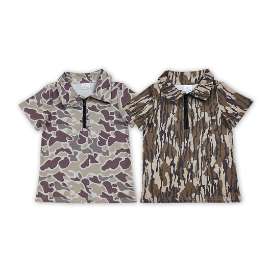 2 Colors Camo Boys Zipper Short Sleeve Tee Shirts Top Brothers Wear
