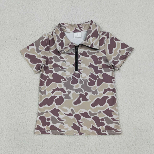 BT1727 Dark Brown Camo Boys Summer Zipper Pullover Top