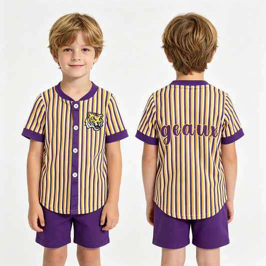BT1745 Teams LSU Tigers Stripes Print Boys Short Sleeve Button Tee Shirts Top