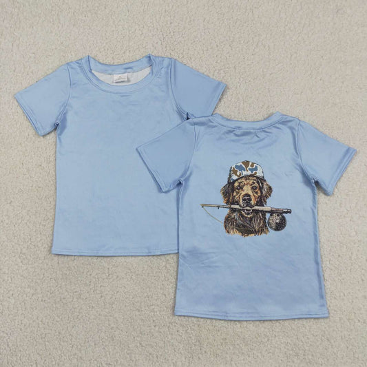 BT1761 Hunting Dog Blue Print Boys Short Sleeve Tee Shirts Top