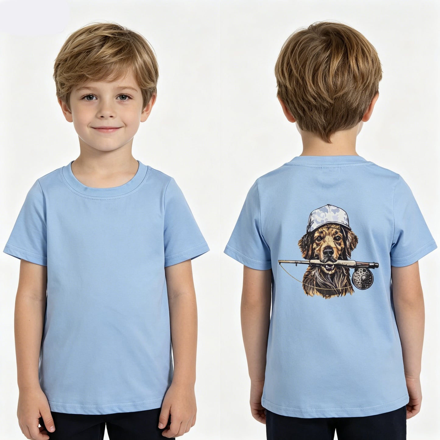 BT1765 Dog Fishing Blue Boys Summer Short Sleeve Tee Shirts Top