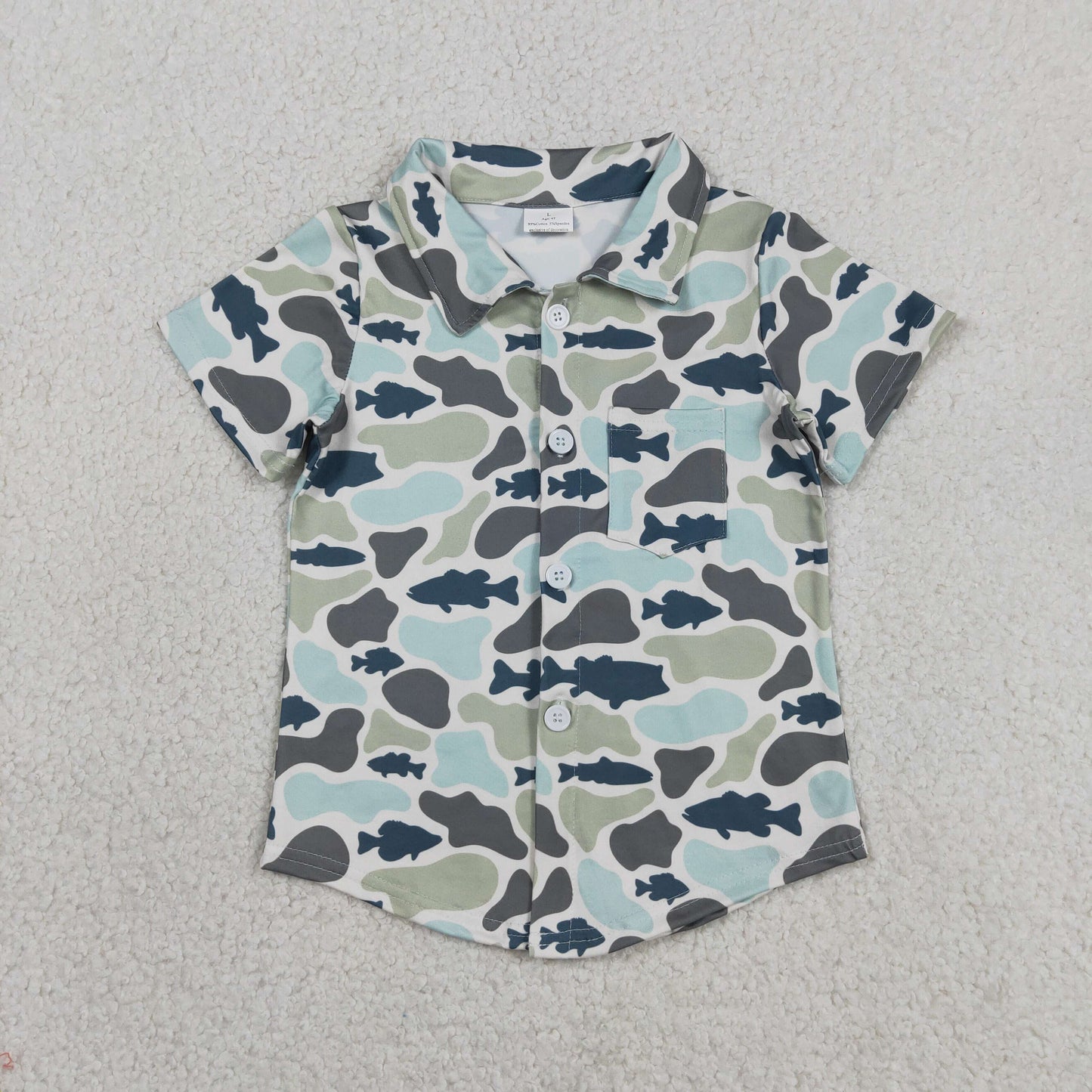 Fish Green Blue Camo Boys Pocket Button Tee Shirts Top
