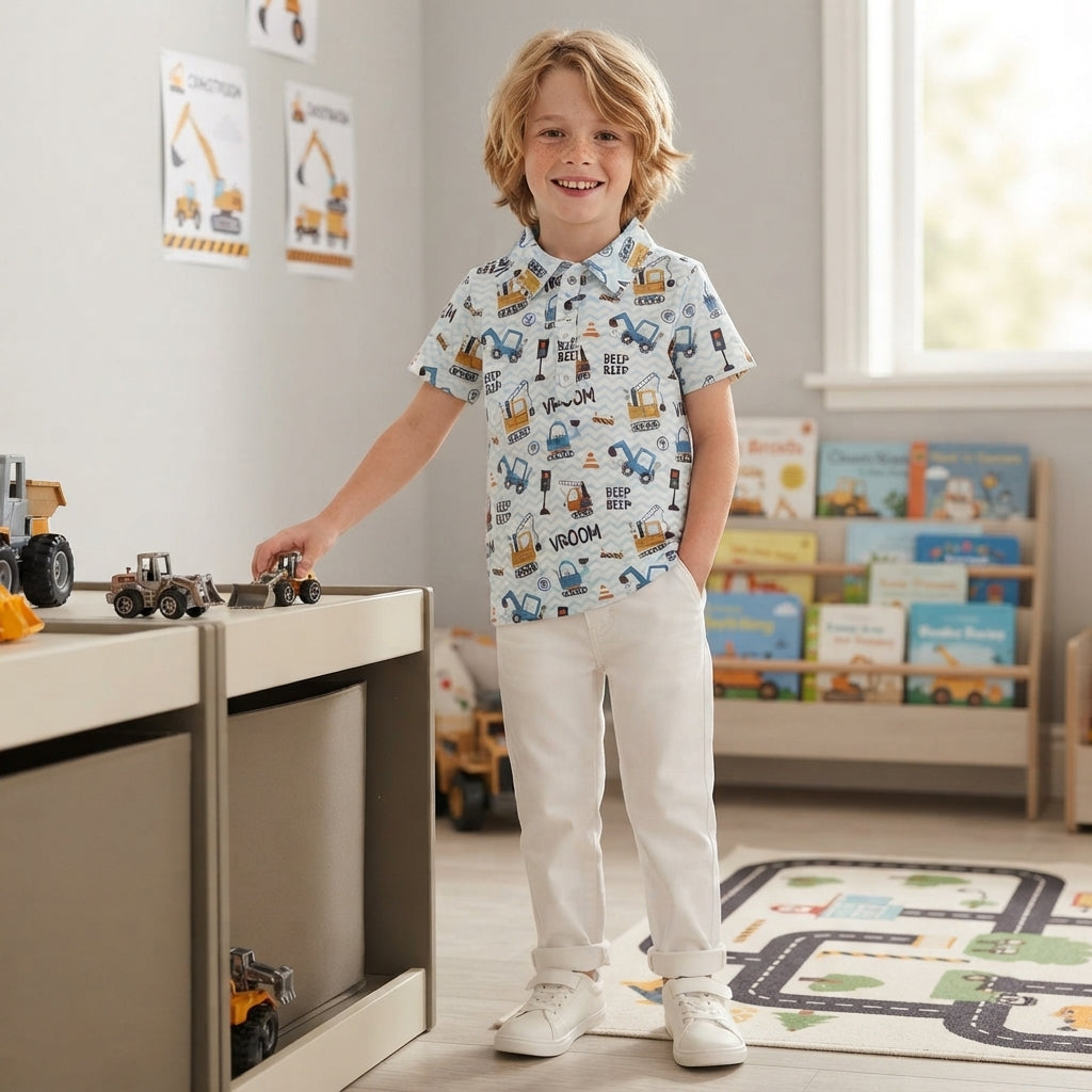 BT1793 Construction Trucks BEEP Boys Polo Tee Shirts Top