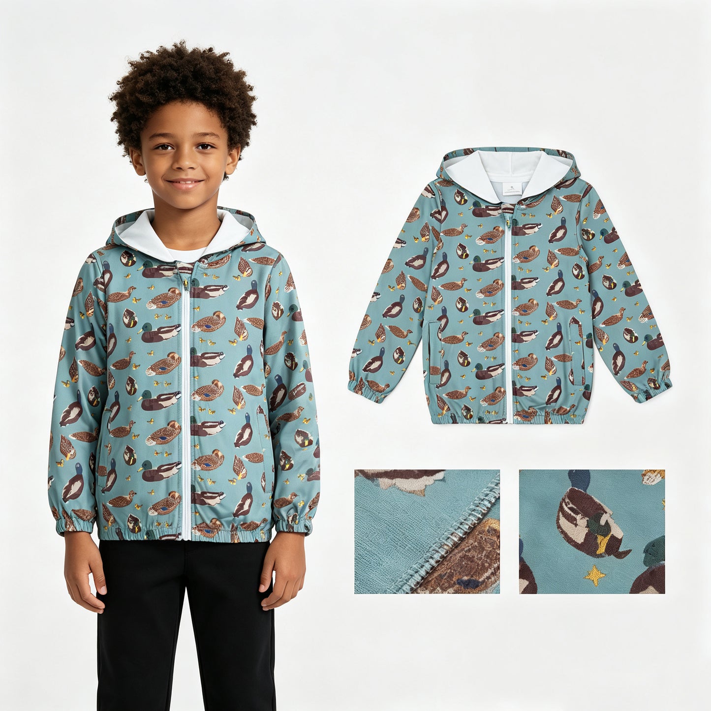 BT1818 Teal Duck Print Boys Long Sleeve Full Zipper Hoodie Jacket Top