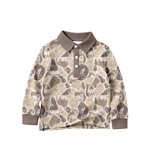 4.23 Toddler Boys khaki Hunting Deer Long Sleeve Polo Shirt Top Preorder