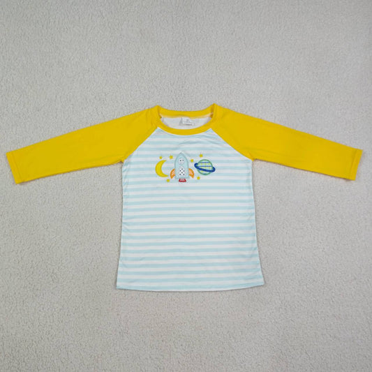 BT1831 Space Cosmic Embroidery Stripe Boys Raglan Sleeve Tee Shirts Top